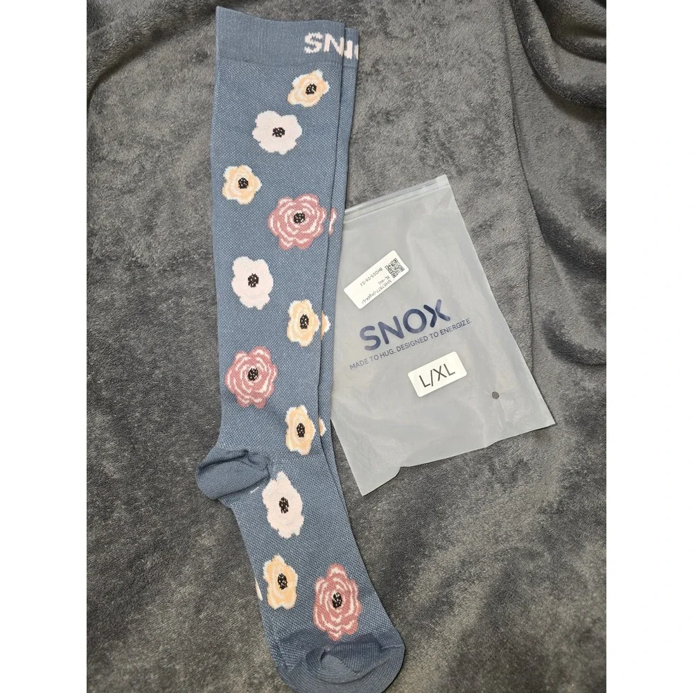 NWT SNOX Compression Socks Blue Floral Rose Knee High Women L/XL
